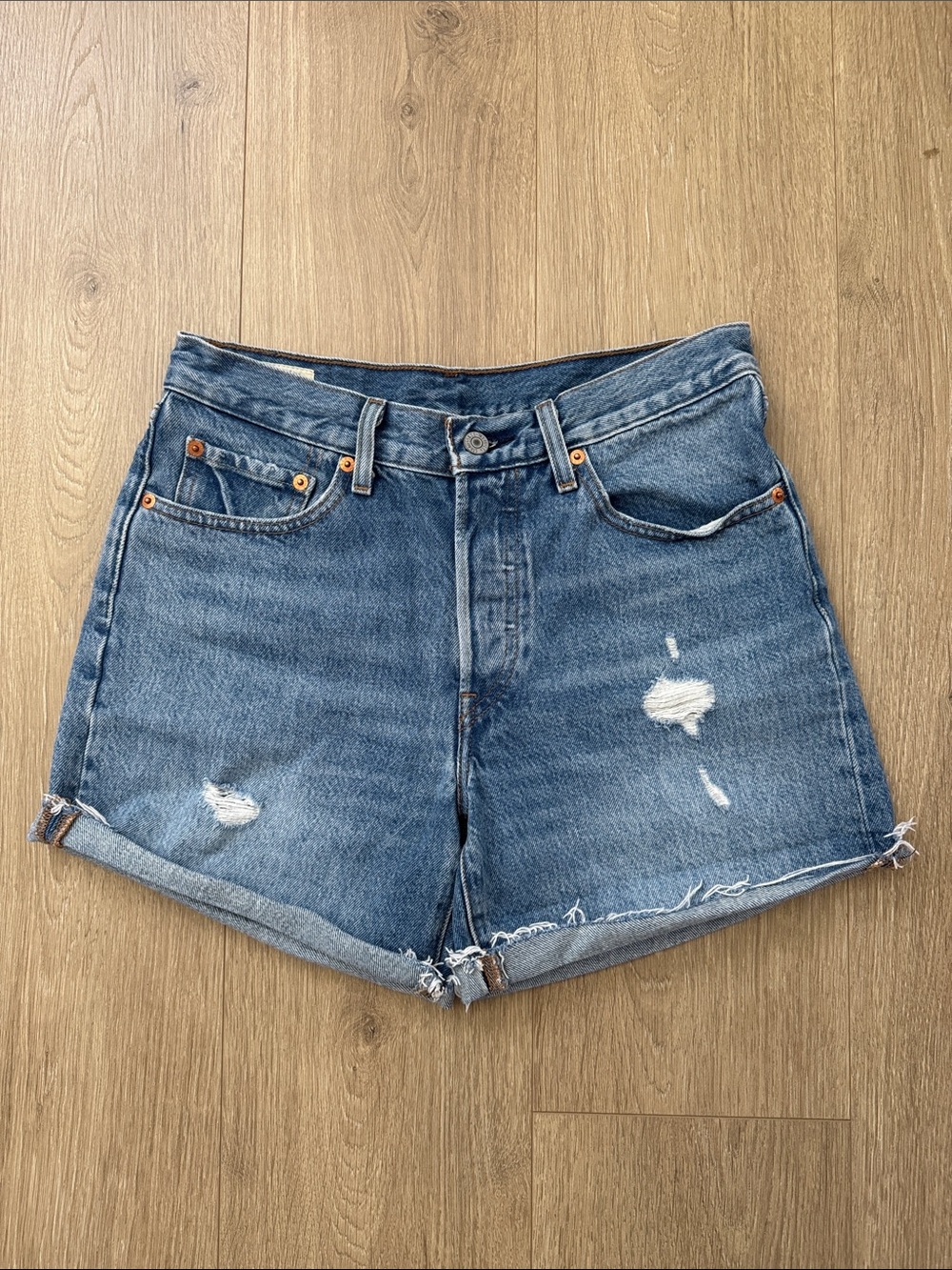 Levi’s 501 Mid Thigh Distressed Blue Denim Shorts